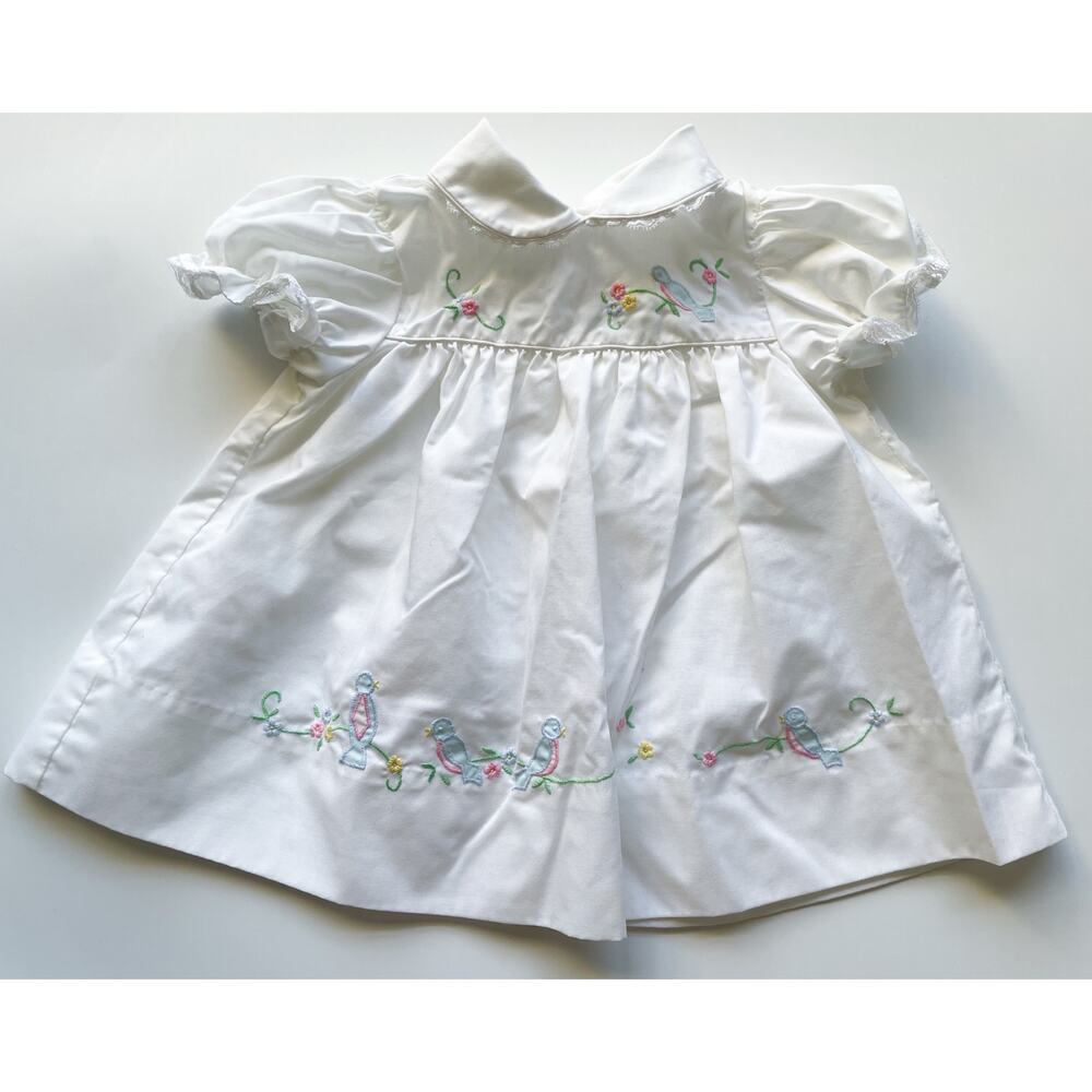 Vintage A Little Angel White Embroidered Birds and Flowers Dress Size 6-9 Mo.